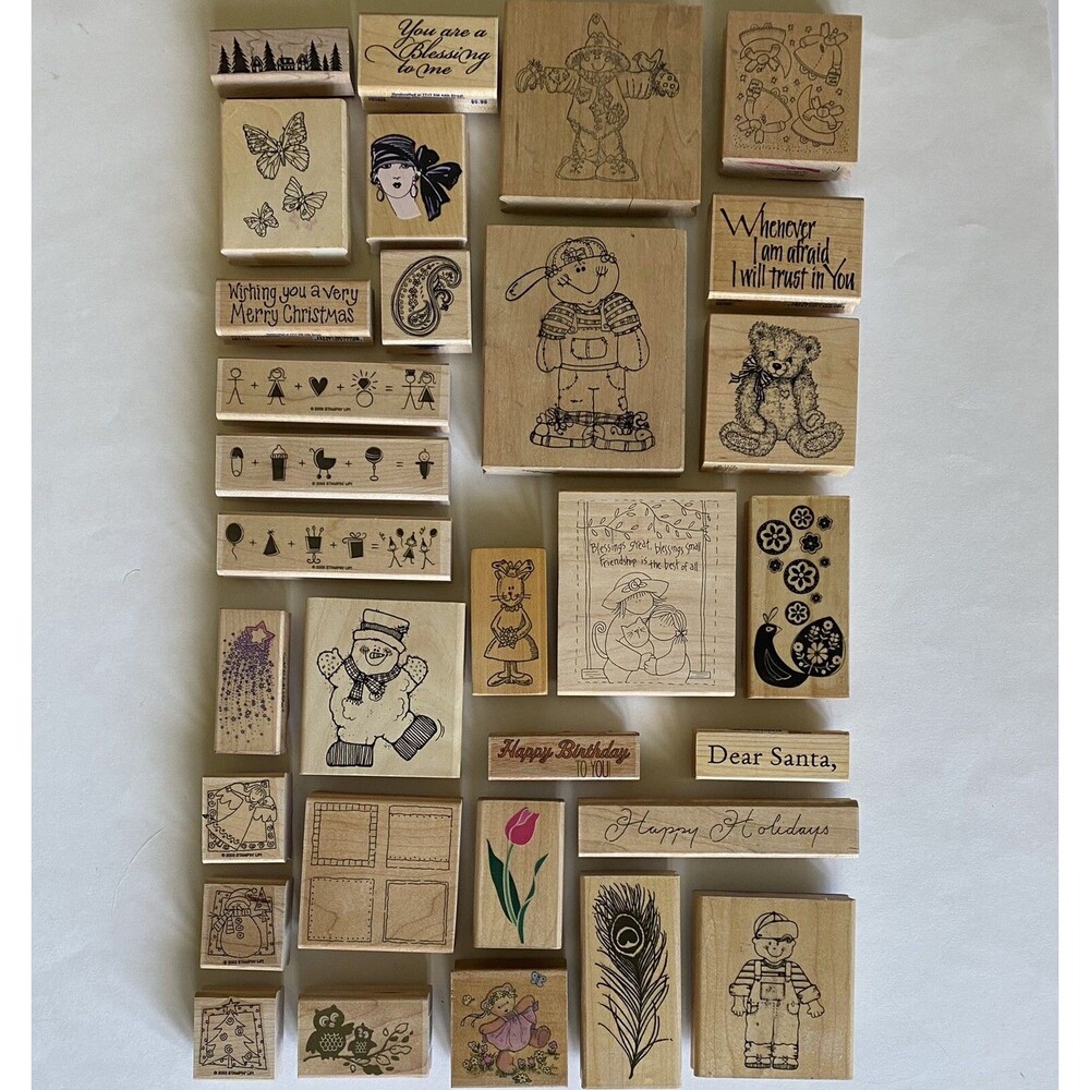 Lot of 31 Pieces Wooden Rubber Craft Stamps Stampin Up DOTS Studio G Fun Stamps